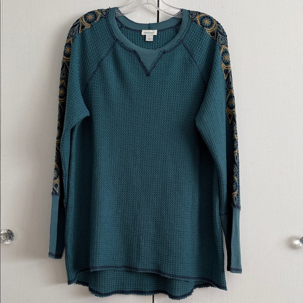 Sundance Boho Teal Waffle Knit Henley Top Embroidered Sleeves Sz L Hi-Lo Hem